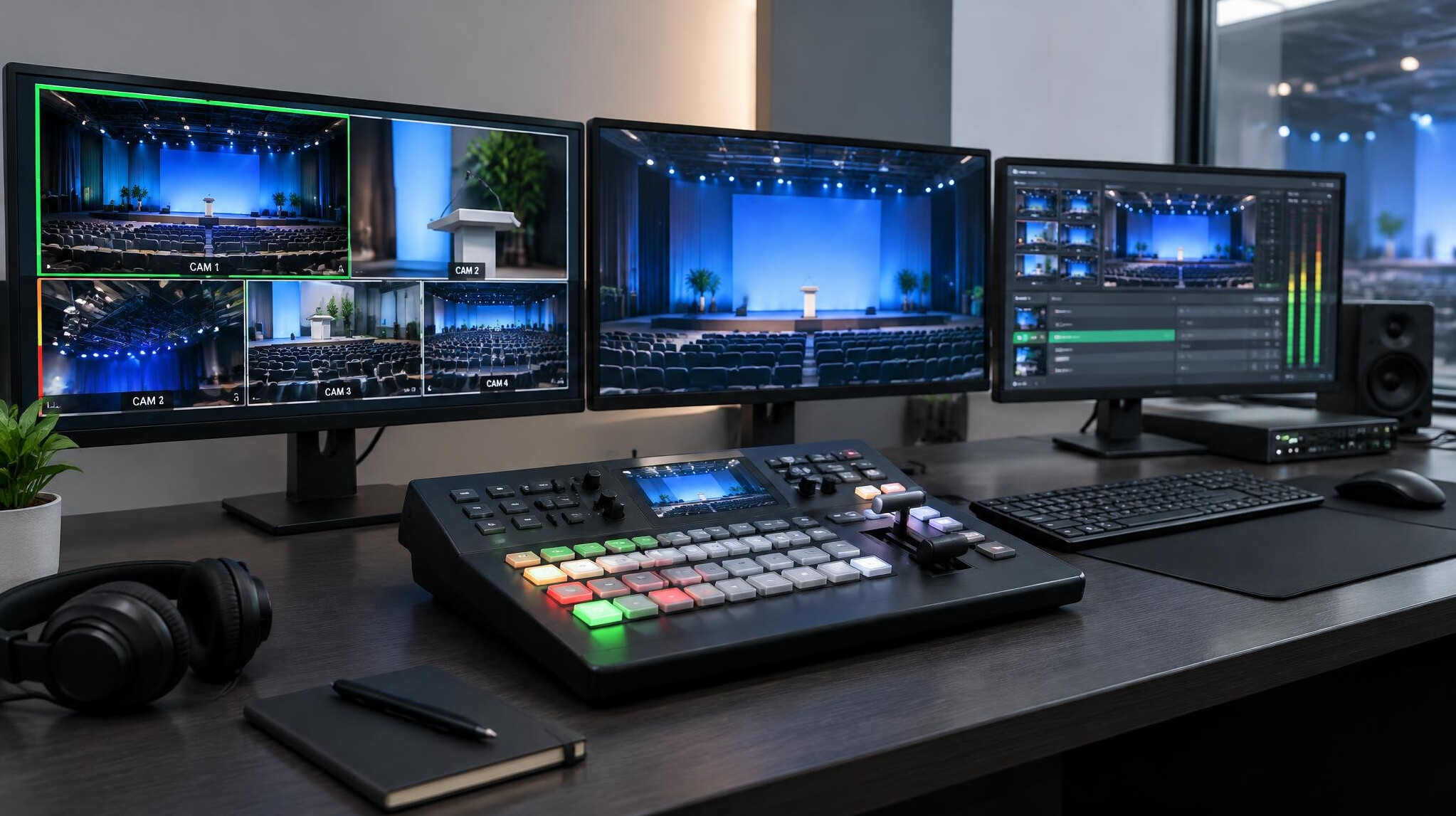 Workstation with monitors for video switching