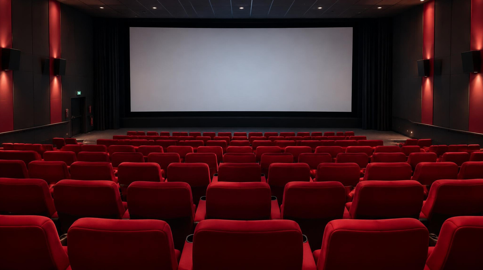 Empty cinema screening room with rows of seats