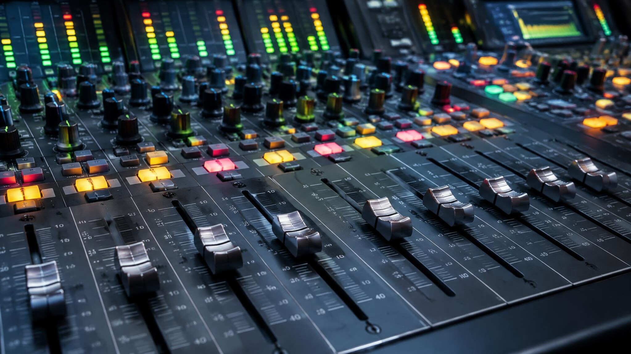 Audio mixing console with faders and knobs
