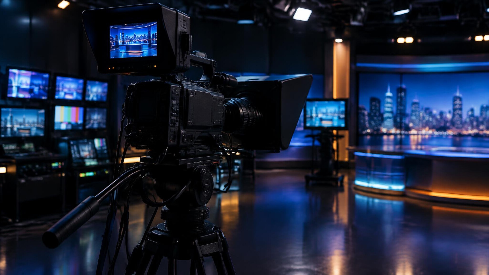 Professional broadcast video camera on a studio set